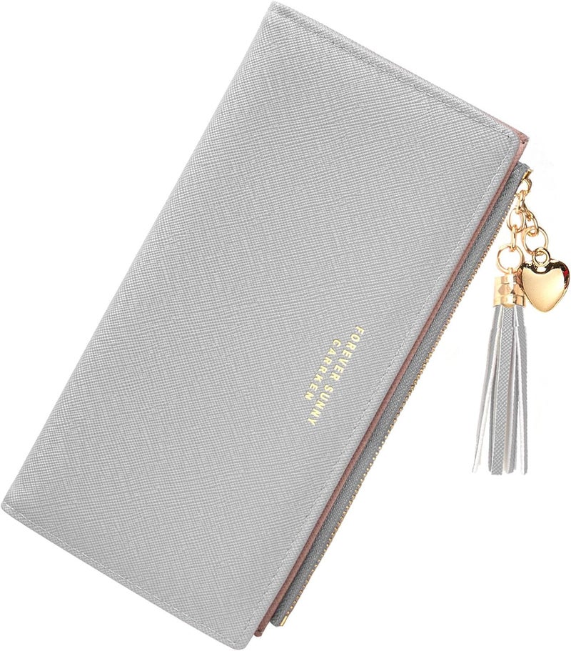 KOTORA Womens Slim Wallet Girls Thin Wallets Pretty Mini Long Card Holder Small Tiny Clutch Zip Purse Love Pendant Tassels Billfold (Grey) - Image 2